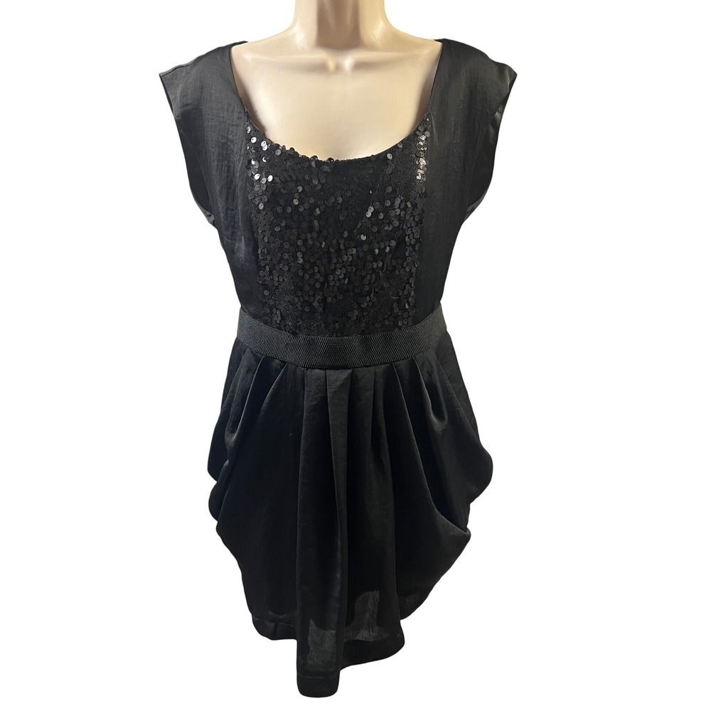 Mustard Seed Black Sequined Party Dress‎ Tulip Skirt Cap Sleeve Size M Sexy LBD
